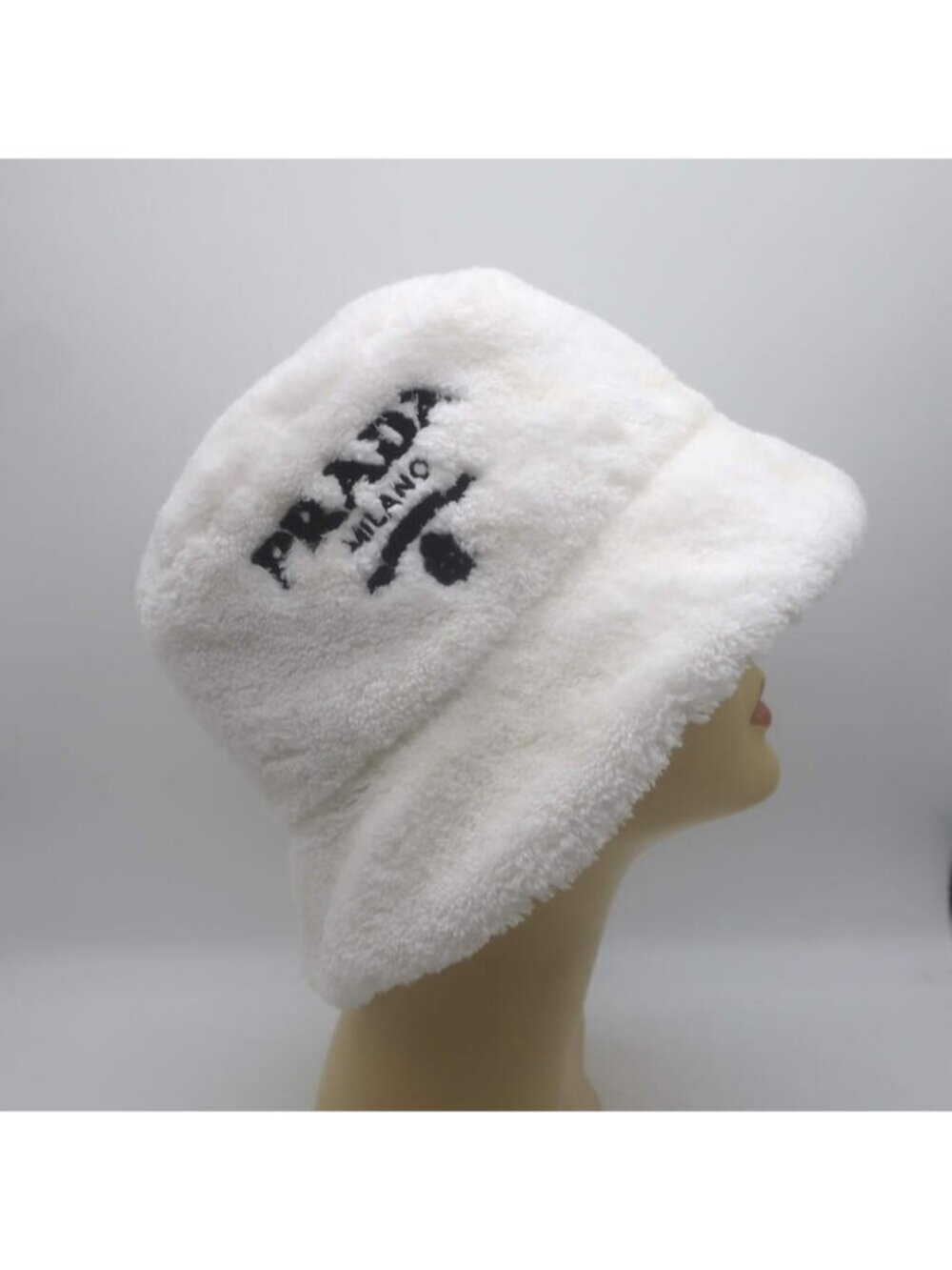 Prada Logo-Embroidered Terry Cloth Bucket Hat White Size Small